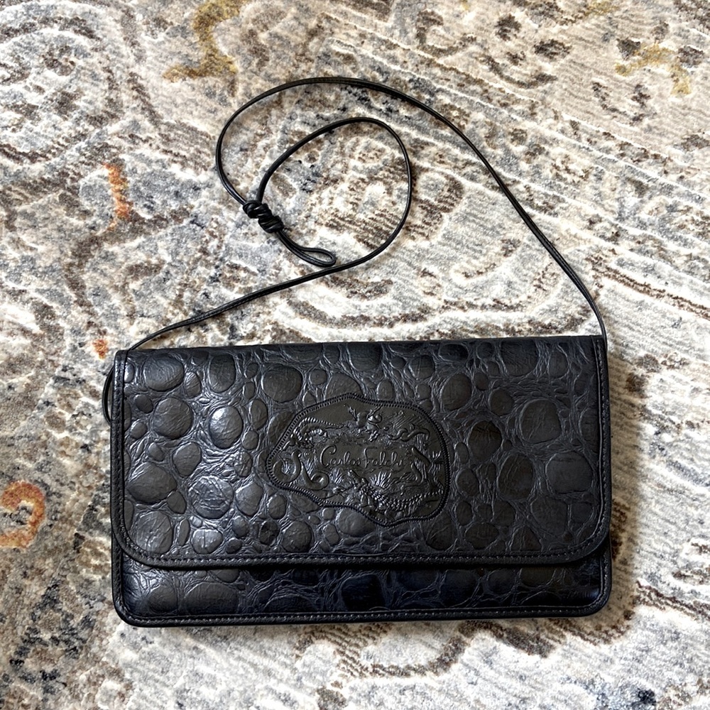 Carlos Falchi Black Pebble Leather Clutch w/ strap